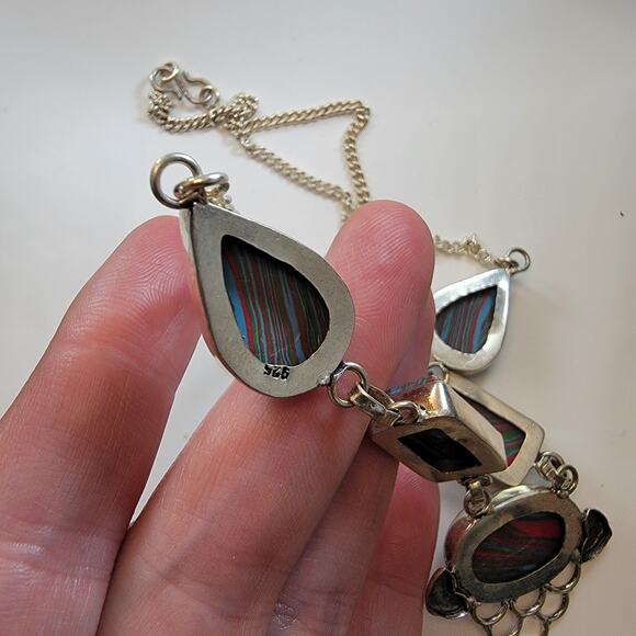 Handmade Sterling Silver Necklace Featuring Colorful Multi-Striped Polymer Stone - Picture 5 of 10